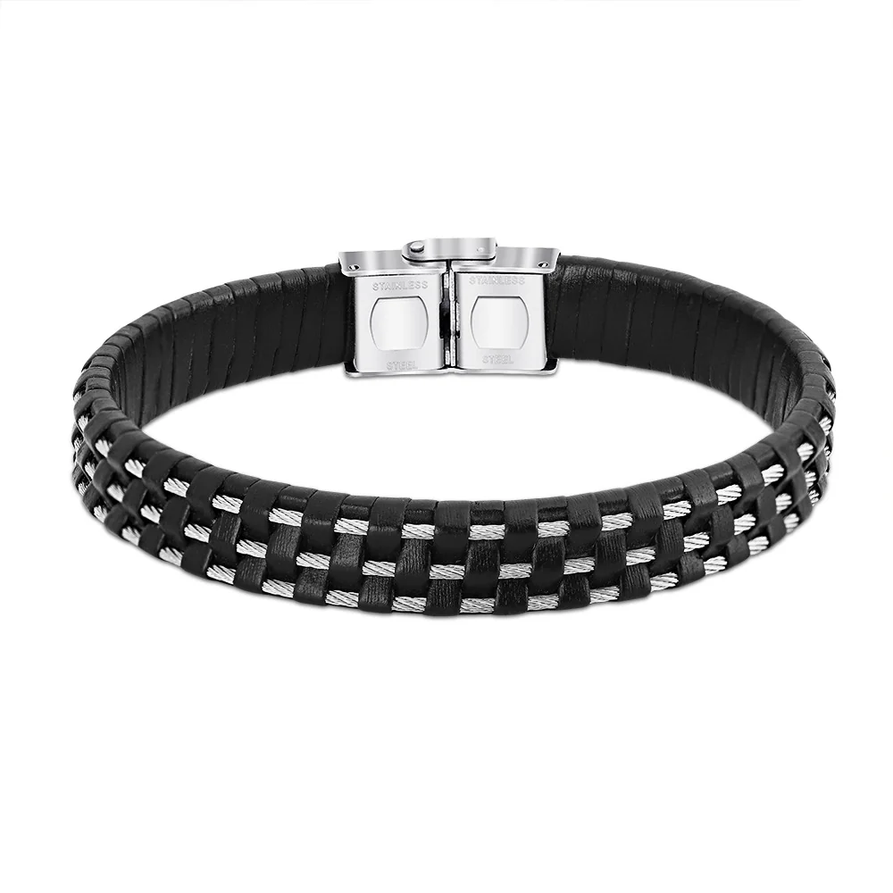 Dark woven bracelet with silver-colored strands and a two-part clasp