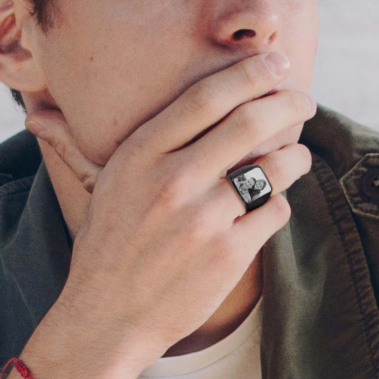 The Photo & Text Ring — Worn view