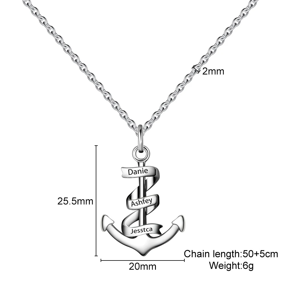 Anchor-shaped necklace reference with example names and chain-length labels
